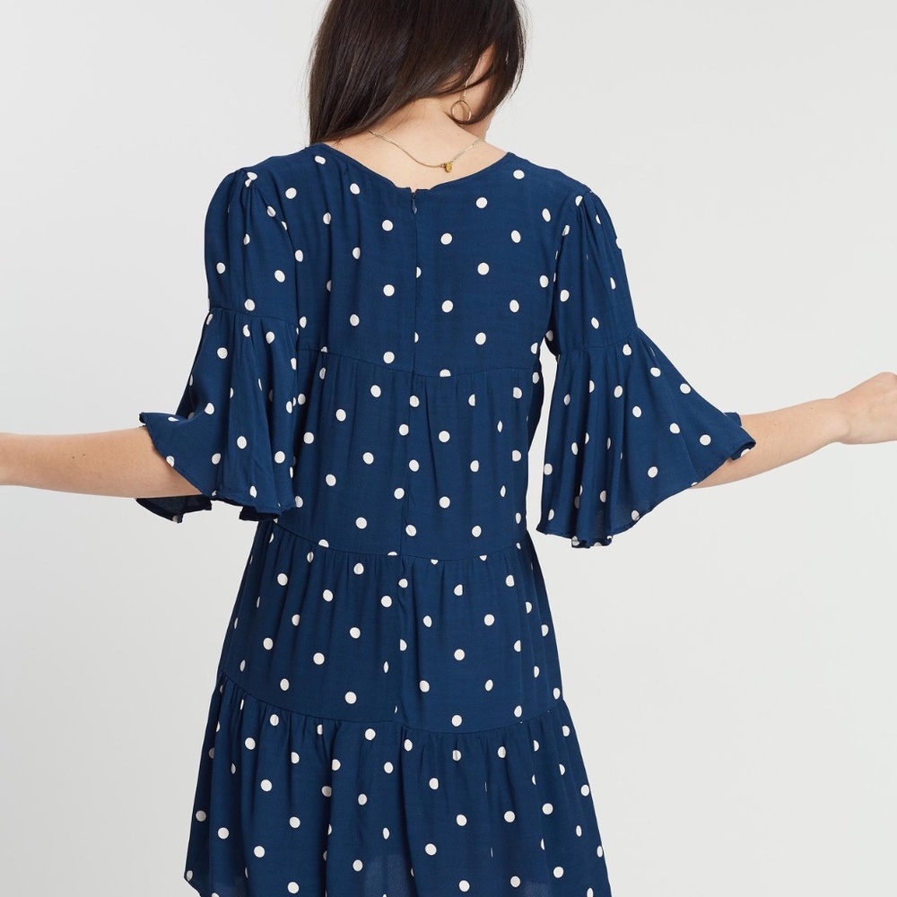 Faithfull the Brand Navy Blue Vintage Fresa White Polka Dot Dress Size 4 - Picture 3 of 12